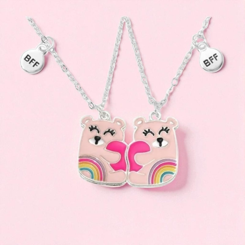 CHILDREN - Set of 2 Chains Friendship Necklaces Cat Unicorn & Heart - BFF Best Friends Forever - Fantasy - Rainbow Resin Pendant
