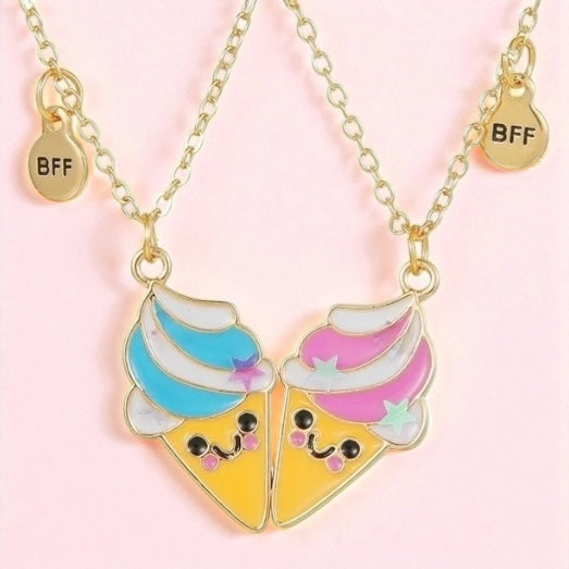 CHILDREN - Set of 2 Chains Friendship Necklaces Cat Unicorn & Heart - BFF Best Friends Forever - Fantasy - Rainbow Resin Pendant