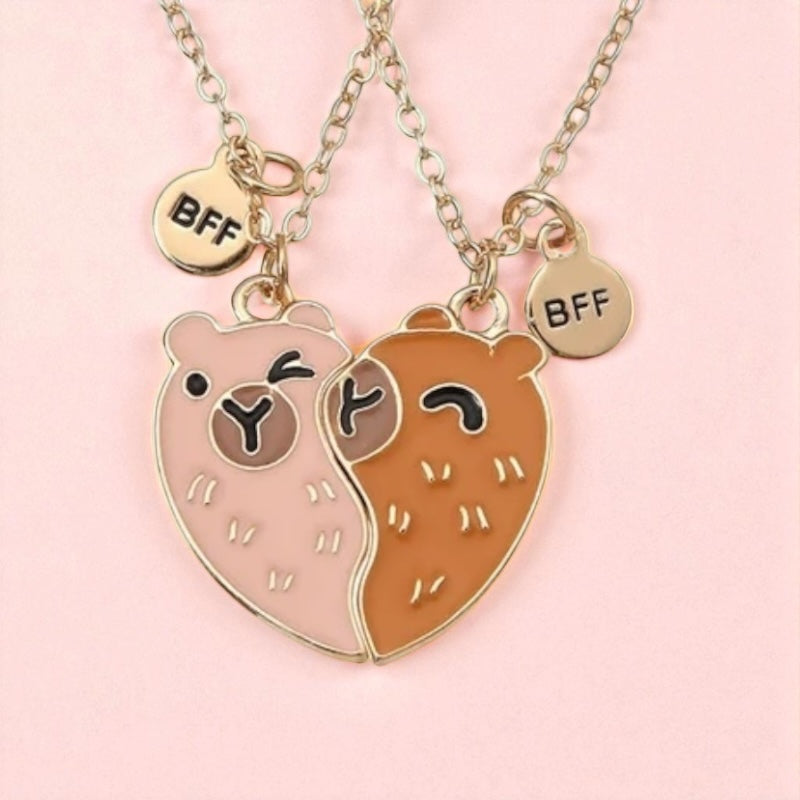 CHILDREN - Set of 2 Chains Friendship Necklaces Cat Unicorn & Heart - BFF Best Friends Forever - Fantasy - Rainbow Resin Pendant