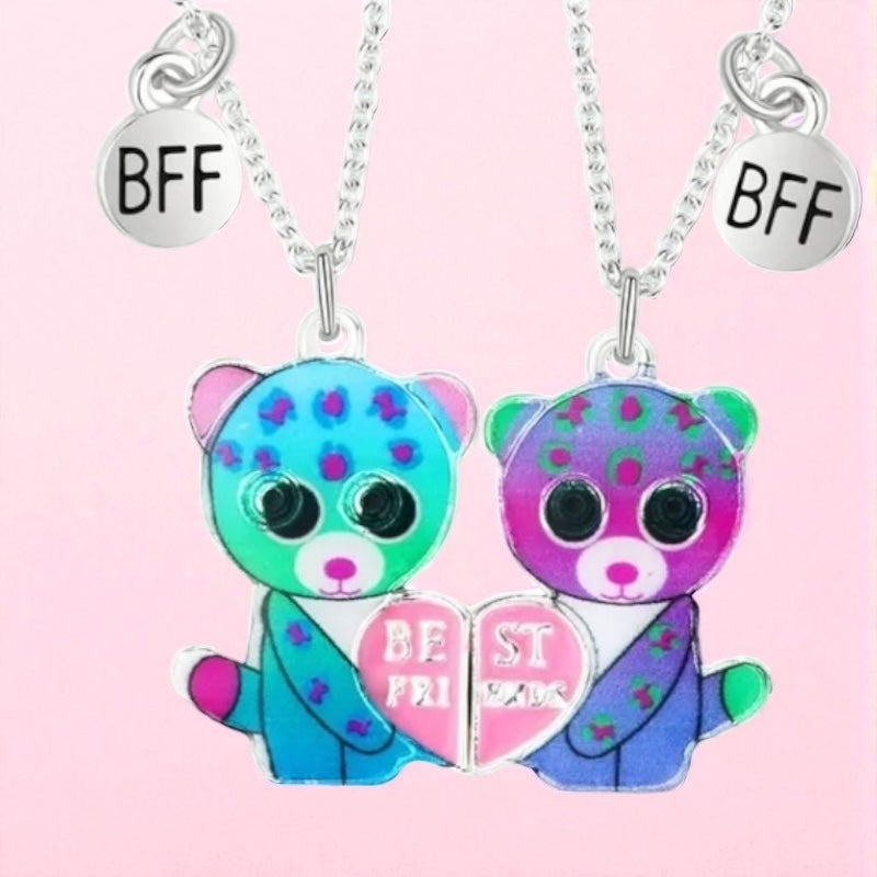 CHILDREN - Set of 2 Chains Friendship Necklaces Cat Unicorn & Heart - BFF Best Friends Forever - Fantasy - Rainbow Resin Pendant