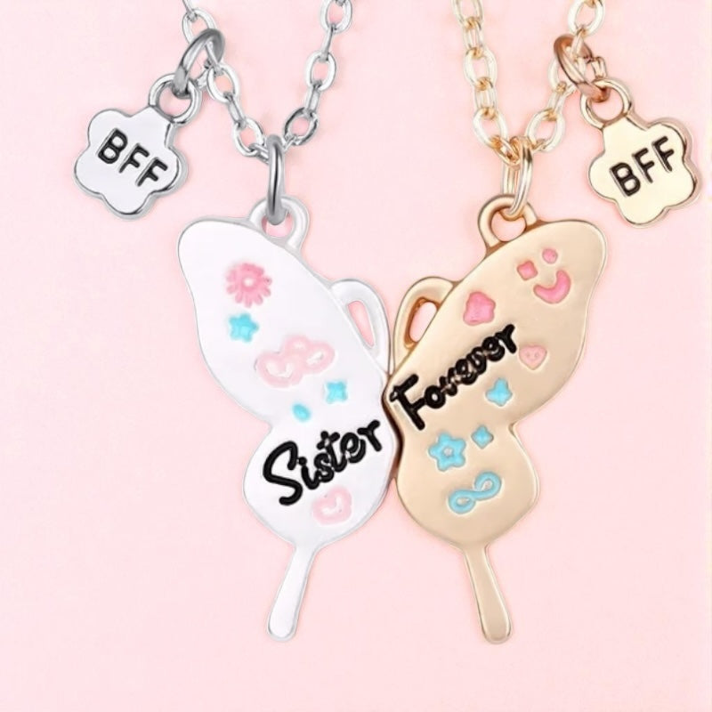 CHILDREN - Set of 2 Chains Friendship Necklaces Cat Unicorn & Heart - BFF Best Friends Forever - Fantasy - Rainbow Resin Pendant