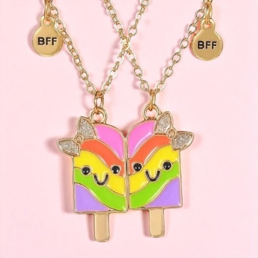 CHILDREN - Set of 2 Chains Friendship Necklaces Cat Unicorn & Heart - BFF Best Friends Forever - Fantasy - Rainbow Resin Pendant
