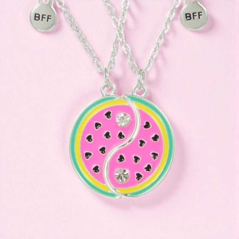 CHILDREN - Set of 2 Chains Friendship Necklaces Cat Unicorn & Heart - BFF Best Friends Forever - Fantasy - Rainbow Resin Pendant