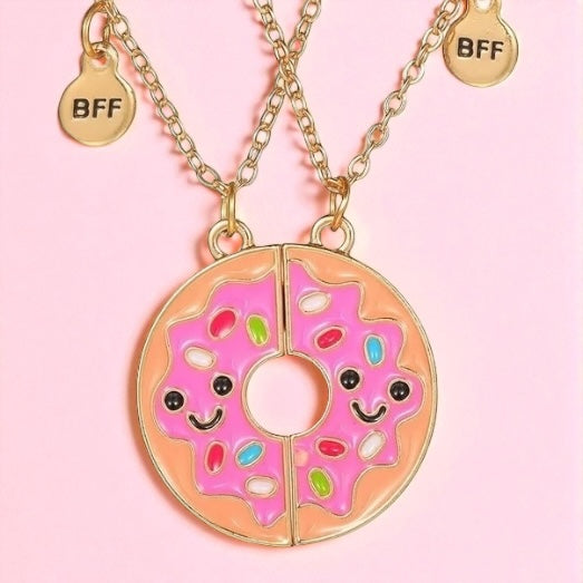 CHILDREN - Set of 2 Chains Friendship Necklaces Cat Unicorn & Heart - BFF Best Friends Forever - Fantasy - Rainbow Resin Pendant