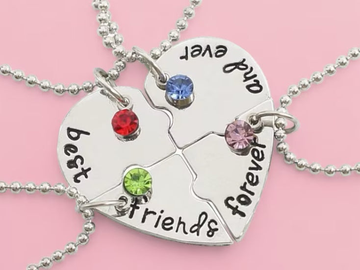 Lot de 4 Colliers D'amitié - Coeur - BFF - Best Friends Forever - Fantaisie - Pendentif et Chaine Argenté - Strass - Amitié