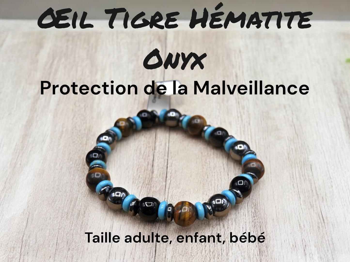 Bracelet Pierre Naturelle - Oeil Tigre Hématite Onyx - Protection de la Malveillance d'autrui