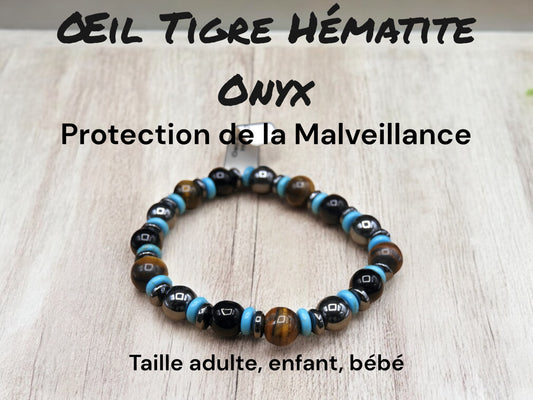 Bracelet Pierre Naturelle - Oeil Tigre Hématite Onyx - Protection de la Malveillance d'autrui