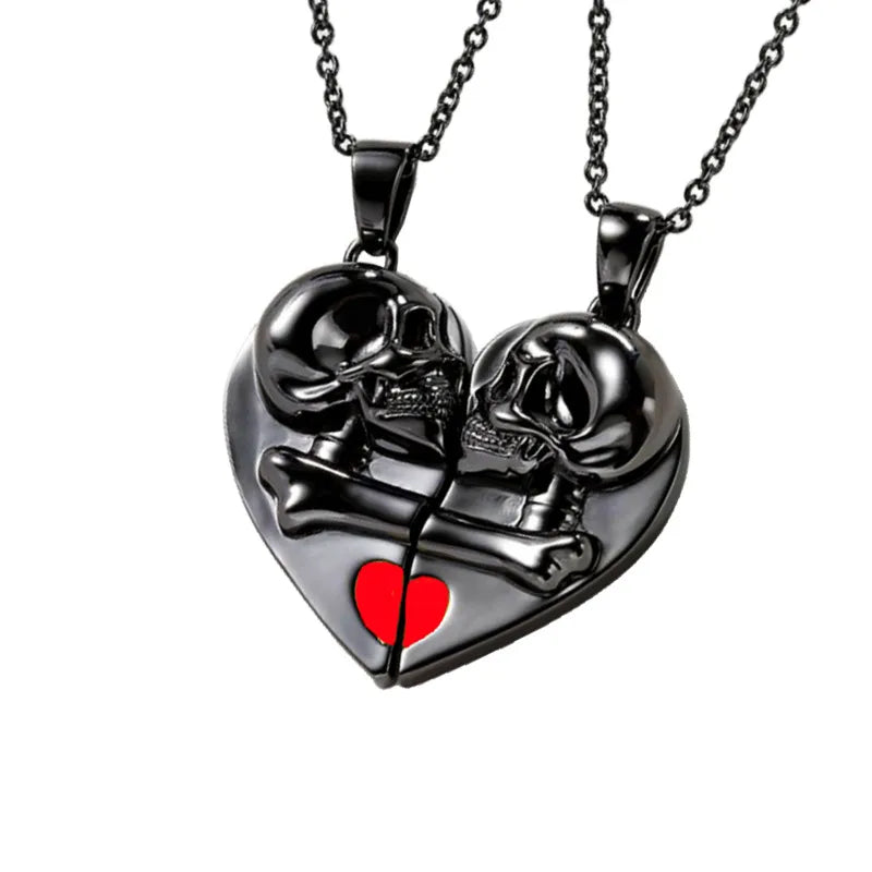 Lot de 2 Colliers D'amitié - Coeur Squelette Crane - BFF - Best Friends Forever - Pendentif Aimanté - Amoureux Couple Amitié