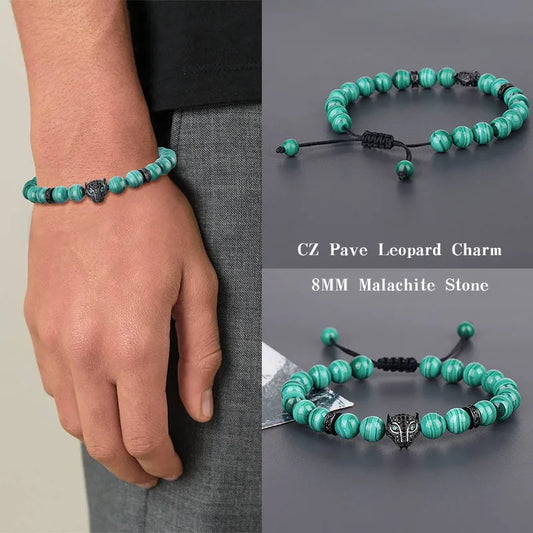 Bracelet Pierre Naturelle Cordon Réglable - Homme - Pendentif Leopard