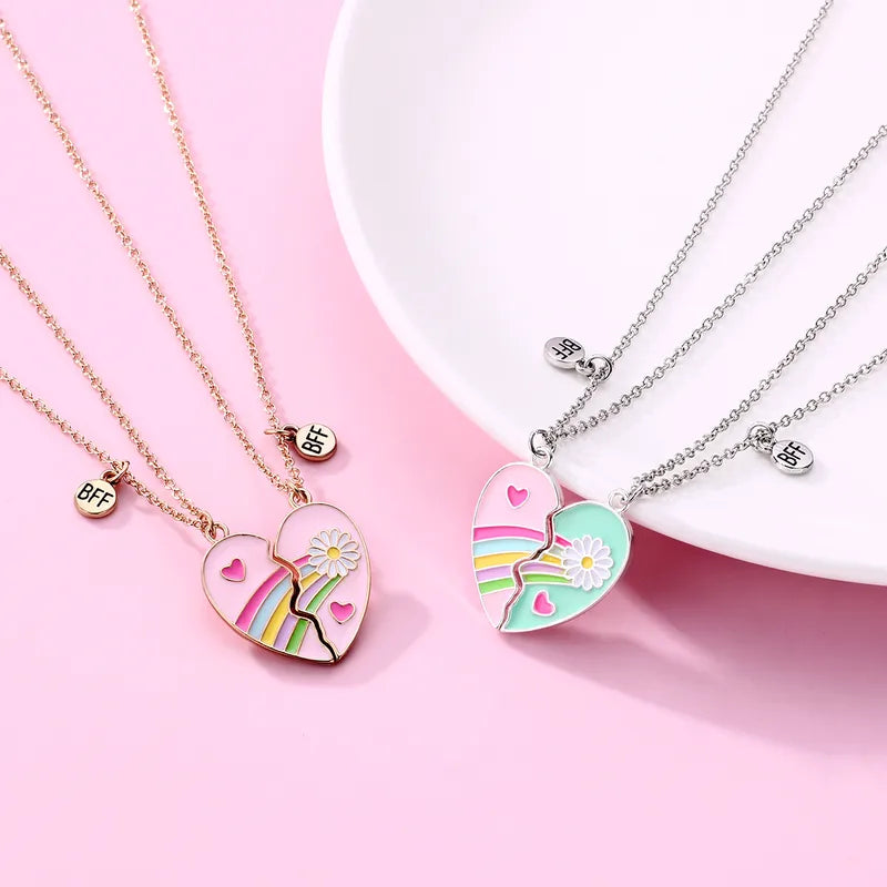 CHILD - Set of 2 Chains Friendship Necklaces Heart Pink Blue Pink Flowers - BFF Best Friends Forever - Fantasy - Magnetic Pendant