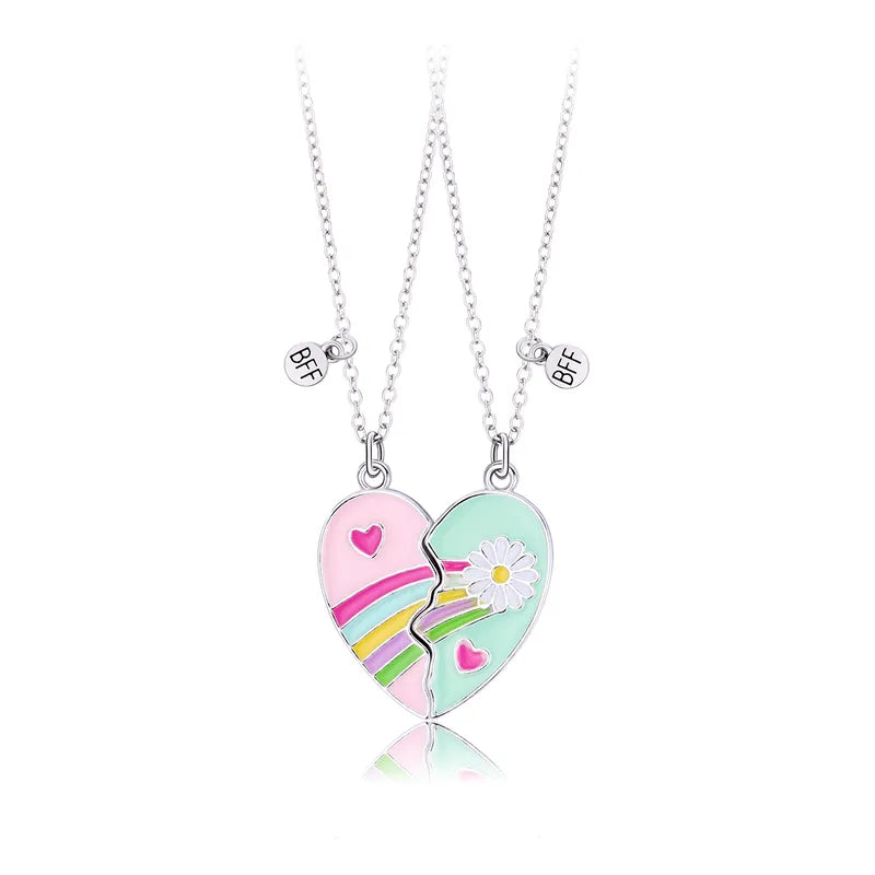 CHILD - Set of 2 Chains Friendship Necklaces Heart Pink Blue Pink Flowers - BFF Best Friends Forever - Fantasy - Magnetic Pendant