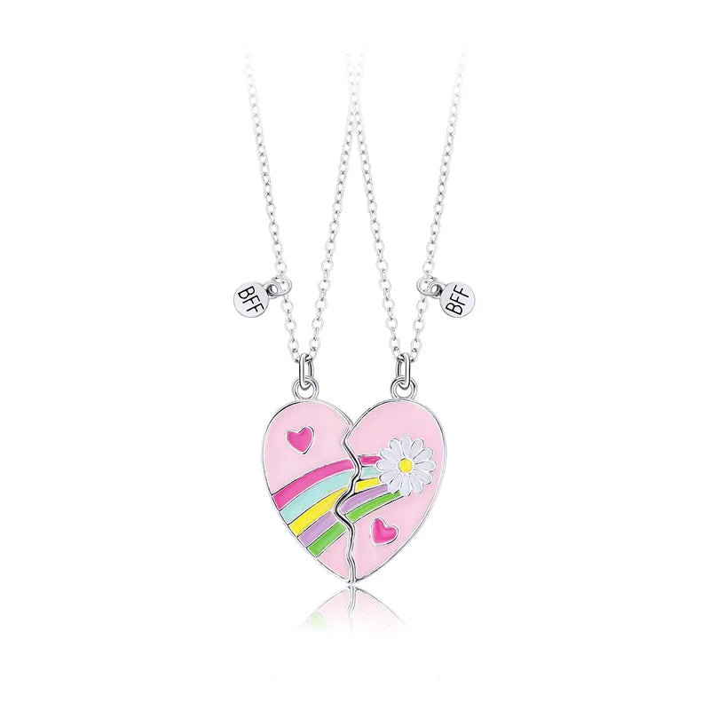 CHILD - Set of 2 Chains Friendship Necklaces Heart Pink Blue Pink Flowers - BFF Best Friends Forever - Fantasy - Magnetic Pendant