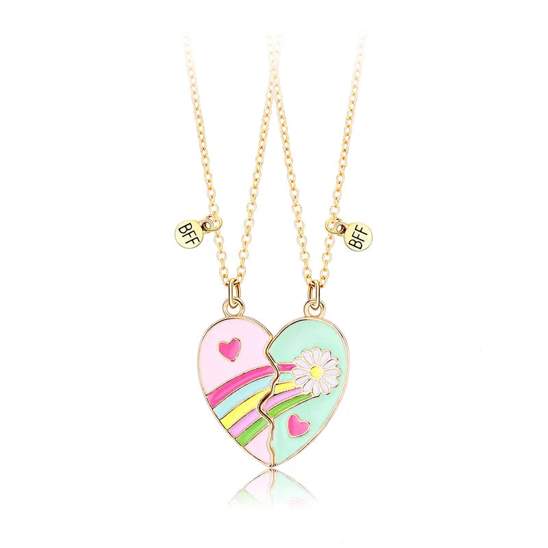 CHILD - Set of 2 Chains Friendship Necklaces Heart Pink Blue Pink Flowers - BFF Best Friends Forever - Fantasy - Magnetic Pendant
