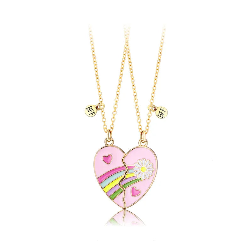 CHILD - Set of 2 Chains Friendship Necklaces Heart Pink Blue Pink Flowers - BFF Best Friends Forever - Fantasy - Magnetic Pendant