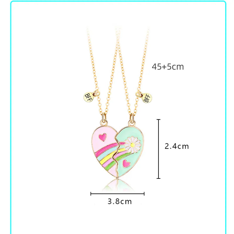 CHILD - Set of 2 Chains Friendship Necklaces Heart Pink Blue Pink Flowers - BFF Best Friends Forever - Fantasy - Magnetic Pendant