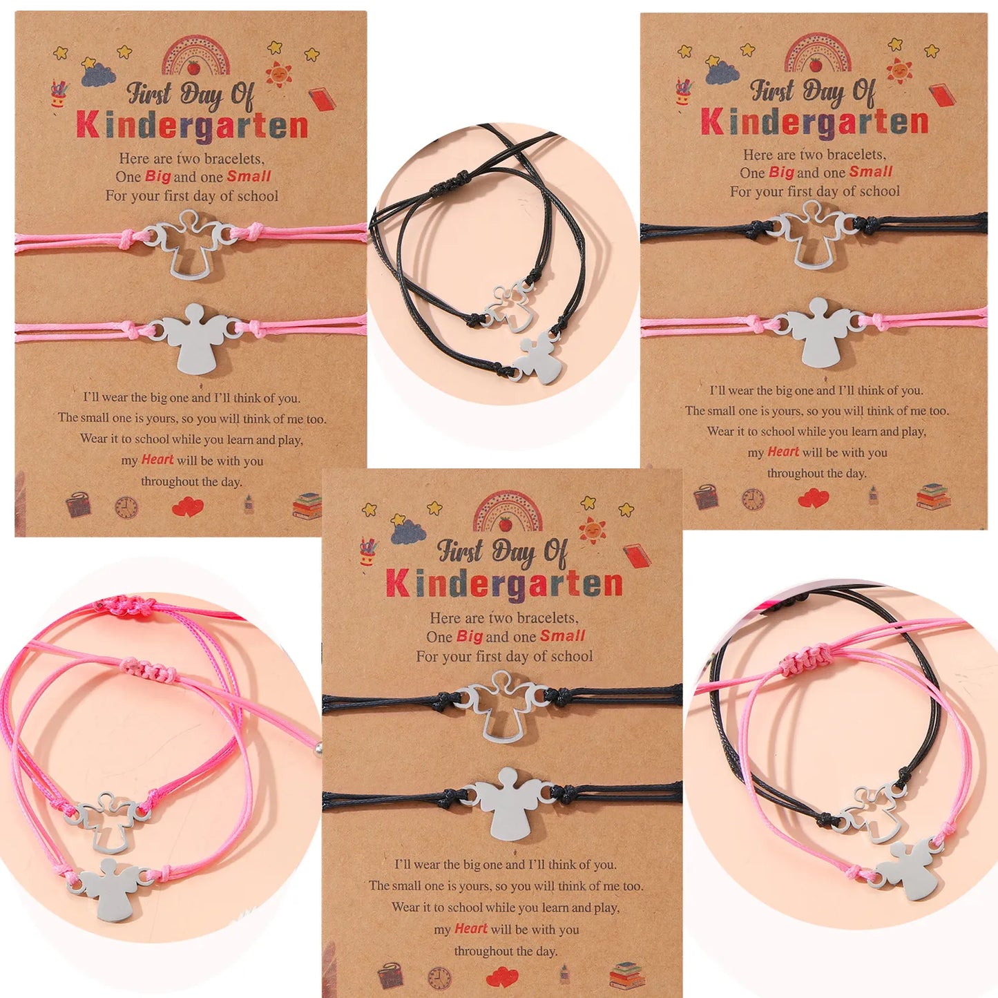 Lot de 2 Bracelets D'amitié Cordon Réglable avec Carte - Anges - Rentrée Classe Ecole - Maternelle - BFF - Famille