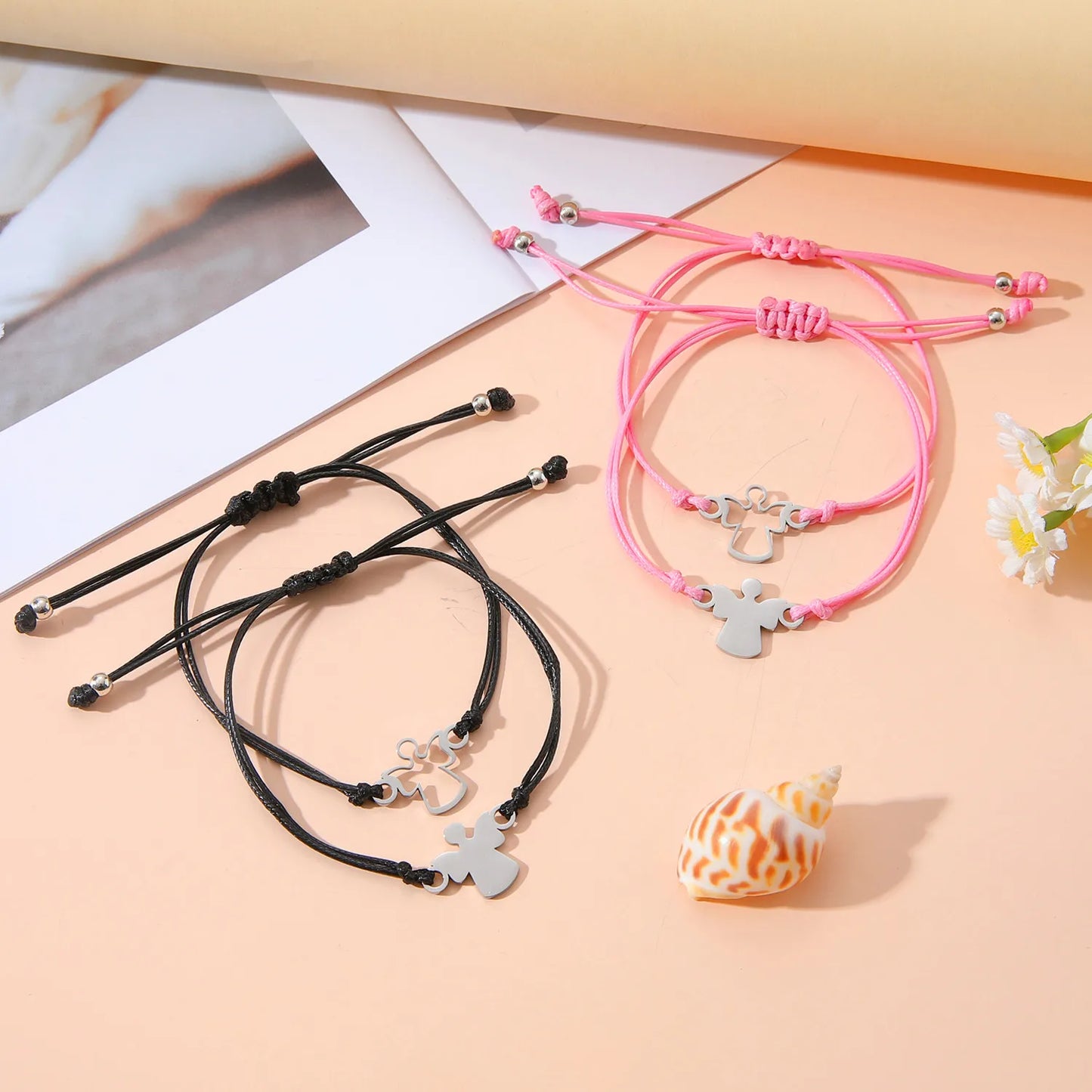 Lot de 2 Bracelets D'amitié Cordon Réglable avec Carte - Anges - Rentrée Classe Ecole - Maternelle - BFF - Famille