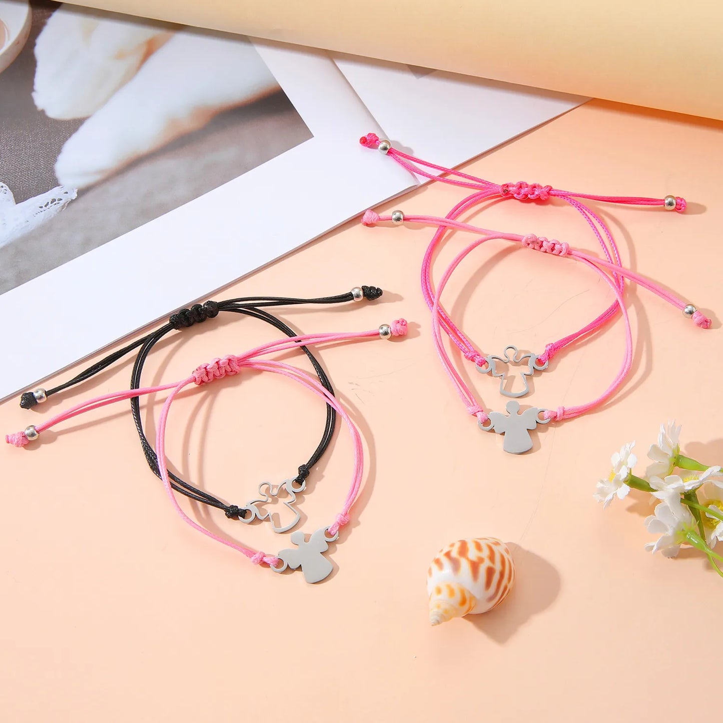 Lot de 2 Bracelets D'amitié Cordon Réglable avec Carte - Anges - Rentrée Classe Ecole - Maternelle - BFF - Famille