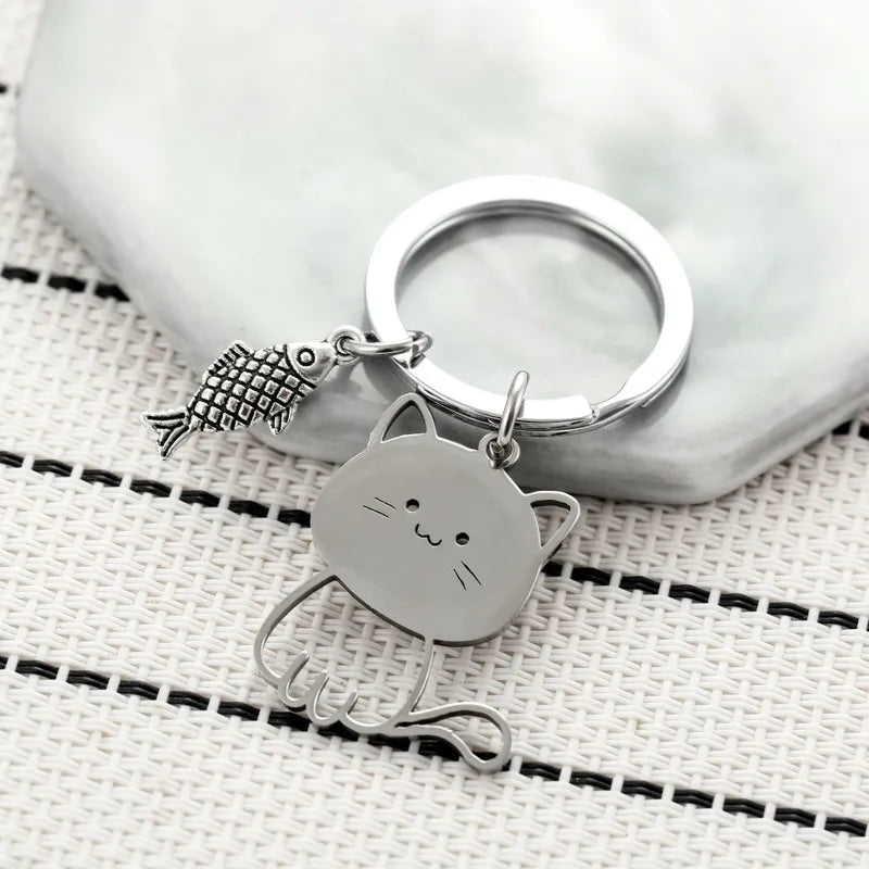 Porte Clés - Chat et son Poisson - Dessin Animé - Mignon - Pendentif Sac - Acier Inoxydable
