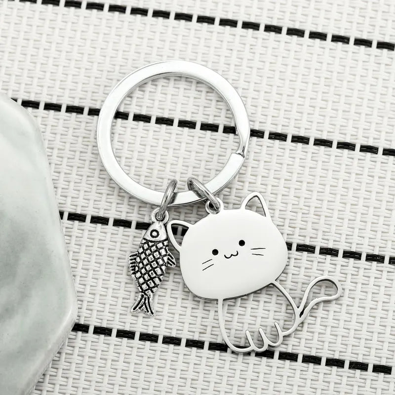 Porte Clés - Chat et son Poisson - Dessin Animé - Mignon - Pendentif Sac - Acier Inoxydable