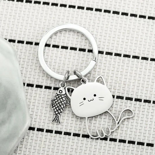 Porte Clés - Chat et son Poisson - Dessin Animé - Mignon - Pendentif Sac - Acier Inoxydable