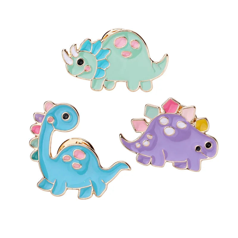 Lot de 3 Pin's Broches avec Carte - Dinosaures - Fantaisie - Alliage Email