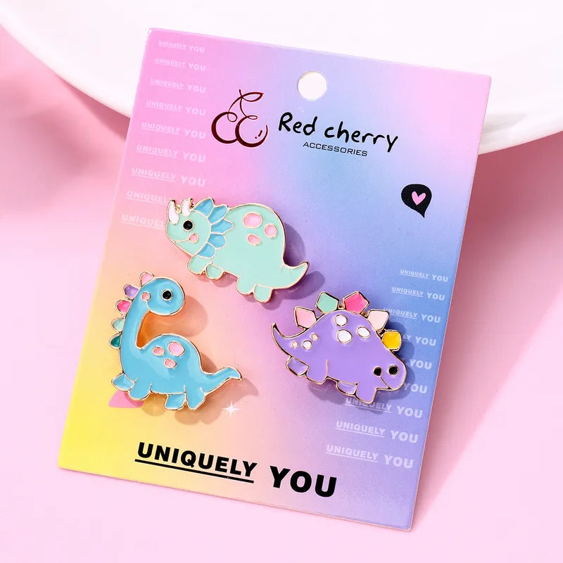 Lot de 3 Pin's Broches avec Carte - Dinosaures - Fantaisie - Alliage Email