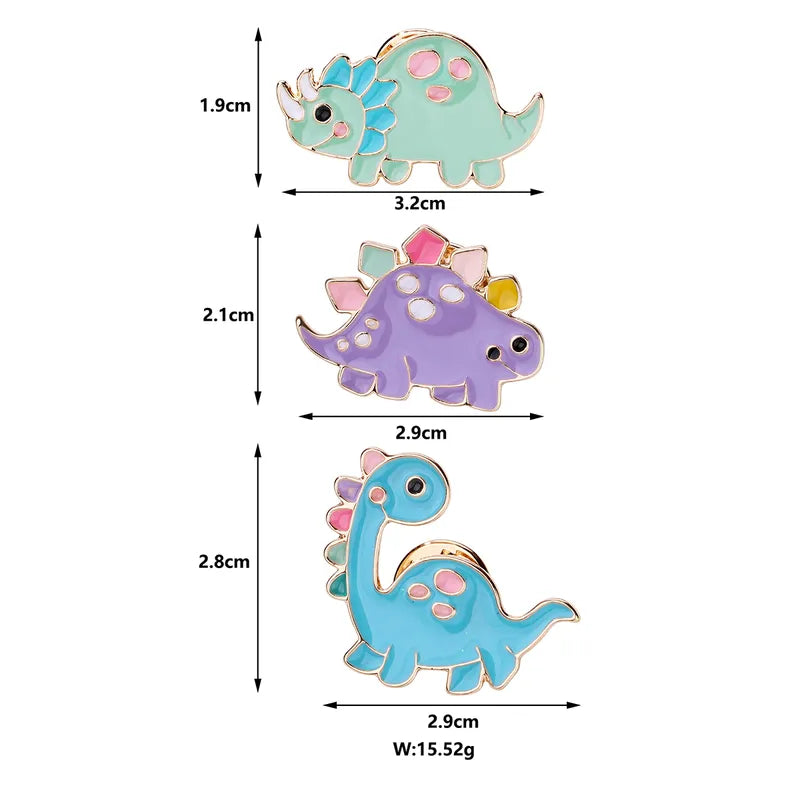 Lot de 3 Pin's Broches avec Carte - Dinosaures - Fantaisie - Alliage Email