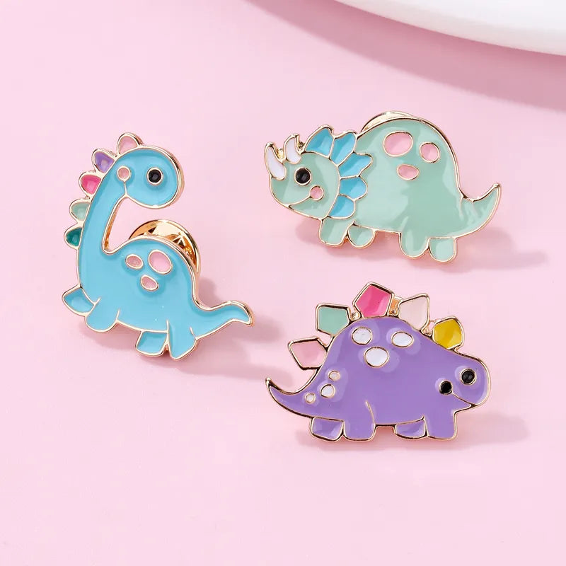 Lot de 3 Pin's Broches avec Carte - Dinosaures - Fantaisie - Alliage Email