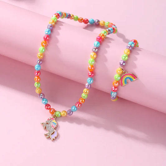 Parure 2 pièces avec Carte - Collier Bracelet - Licorne Arc en Ciel - Multicouleurs - Mignon Doré Paillettes