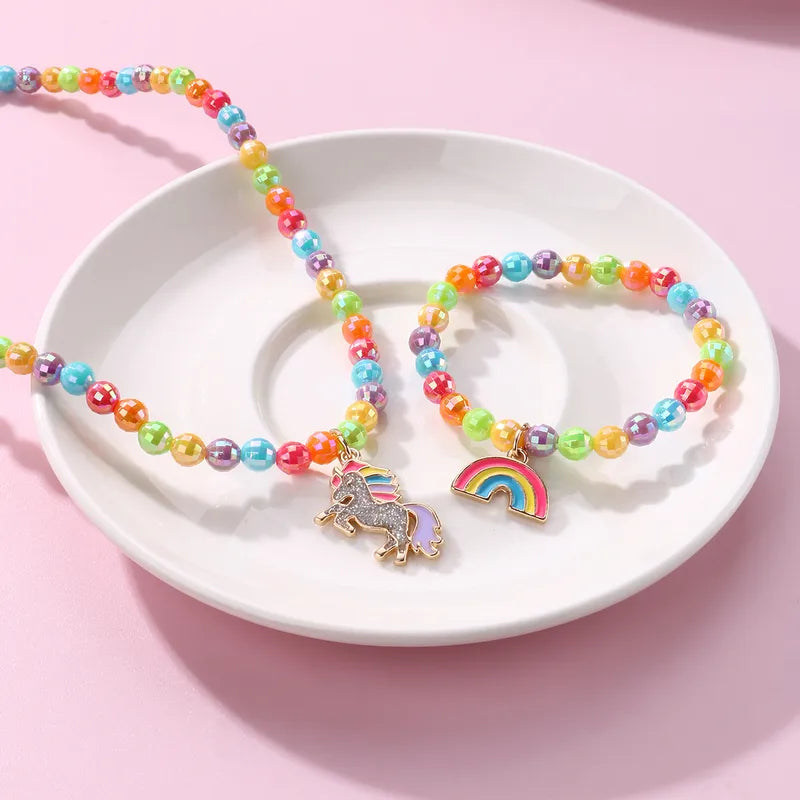 Parure 2 pièces avec Carte - Collier Bracelet - Licorne Arc en Ciel - Multicouleurs - Mignon Doré Paillettes