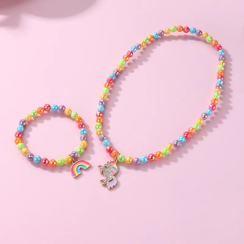 Parure 2 pièces avec Carte - Collier Bracelet - Licorne Arc en Ciel - Multicouleurs - Mignon Doré Paillettes