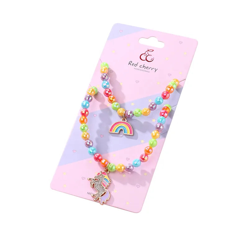 Parure 2 pièces avec Carte - Collier Bracelet - Licorne Arc en Ciel - Multicouleurs - Mignon Doré Paillettes