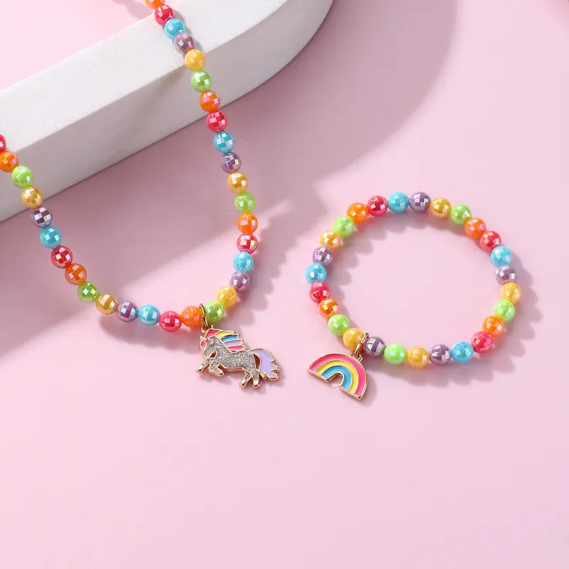 Parure 2 pièces avec Carte - Collier Bracelet - Licorne Arc en Ciel - Multicouleurs - Mignon Doré Paillettes