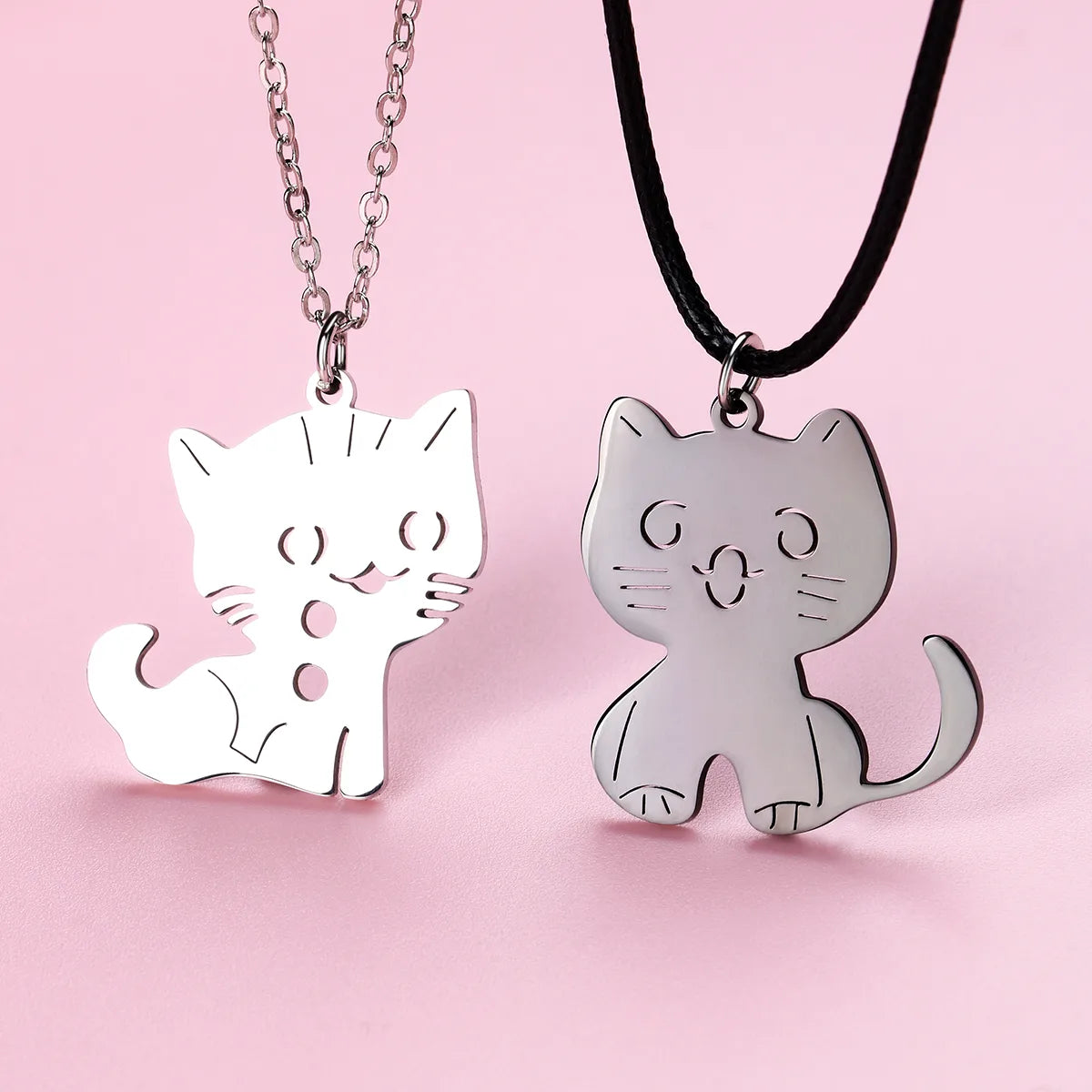 Set of 2 Friendship Necklaces Chains - Intertwined Cats - BFF Best Friends Forever - Pendant - Lovers Couple Silver Stainless Steel - Jewelry to share - Cat Lovers