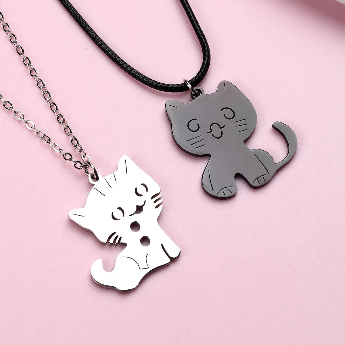 Set of 2 Friendship Necklaces Chains - Intertwined Cats - BFF Best Friends Forever - Pendant - Lovers Couple Silver Stainless Steel - Jewelry to share - Cat Lovers