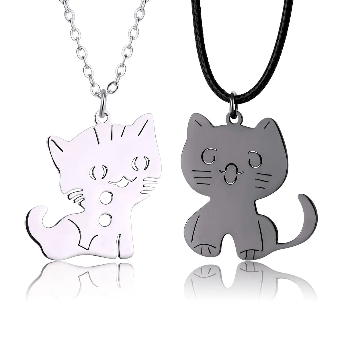Set of 2 Friendship Necklaces Chains - Intertwined Cats - BFF Best Friends Forever - Pendant - Lovers Couple Silver Stainless Steel - Jewelry to share - Cat Lovers