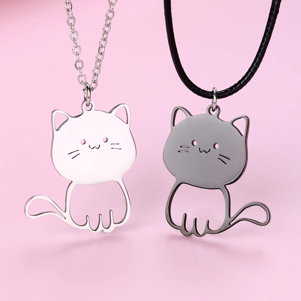 Set of 2 Friendship Necklaces Chains - Intertwined Cats - BFF Best Friends Forever - Pendant - Lovers Couple Silver Stainless Steel - Jewelry to share - Cat Lovers