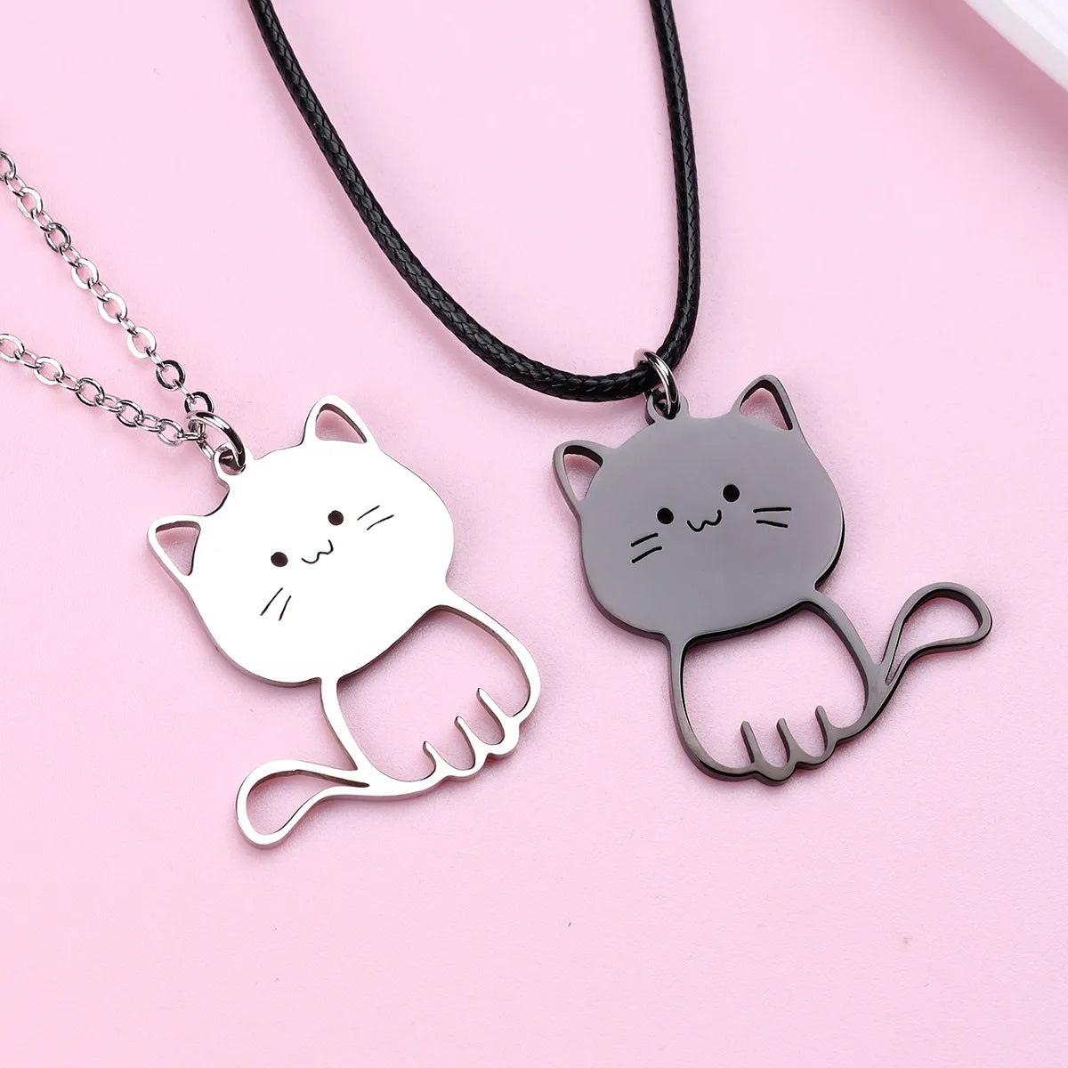 Set of 2 Friendship Necklaces Chains - Intertwined Cats - BFF Best Friends Forever - Pendant - Lovers Couple Silver Stainless Steel - Jewelry to share - Cat Lovers
