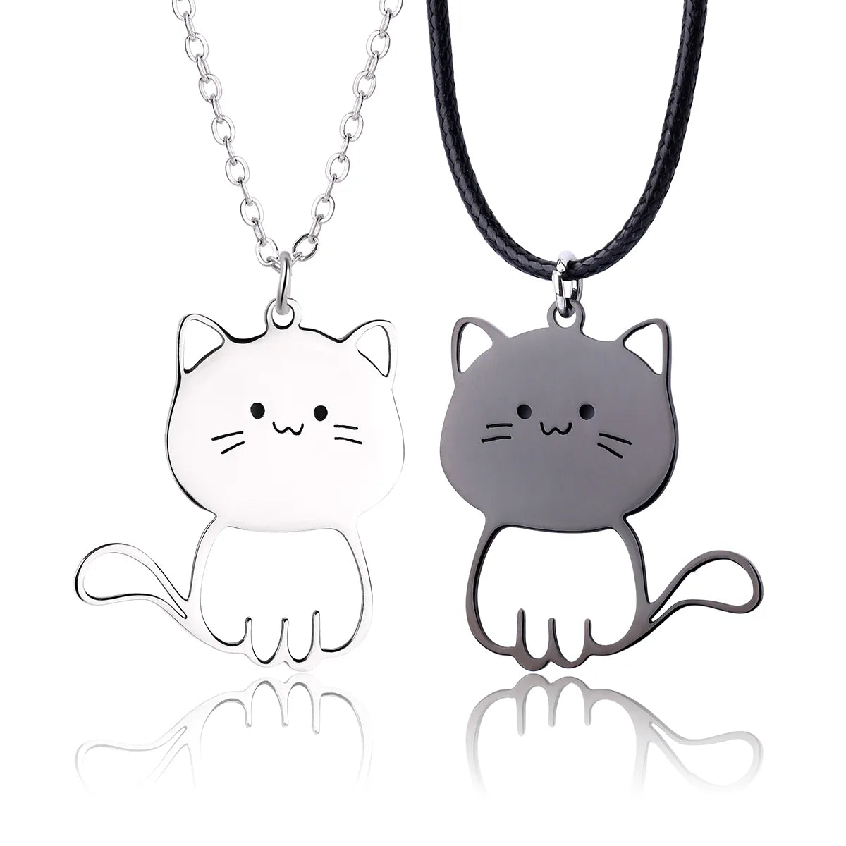 Set of 2 Friendship Necklaces Chains - Intertwined Cats - BFF Best Friends Forever - Pendant - Lovers Couple Silver Stainless Steel - Jewelry to share - Cat Lovers