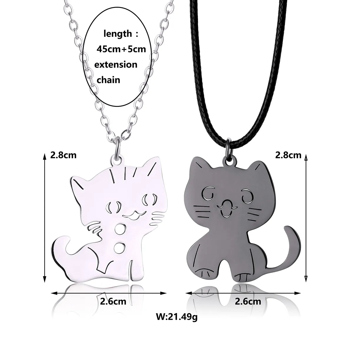 Set of 2 Friendship Necklaces Chains - Intertwined Cats - BFF Best Friends Forever - Pendant - Lovers Couple Silver Stainless Steel - Jewelry to share - Cat Lovers