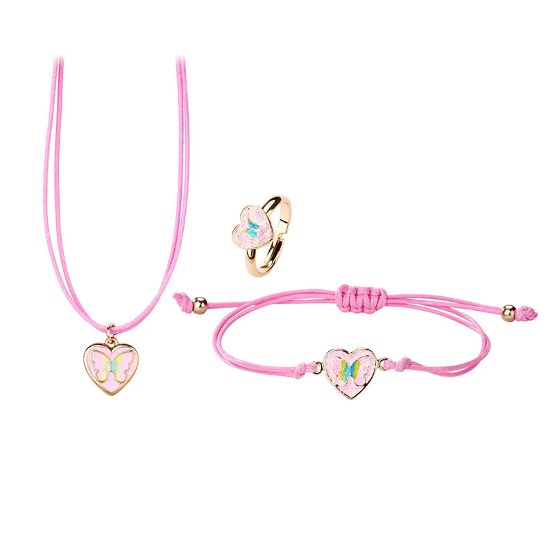 Parure 3 pièces avec Carte - Collier Bracelet Bague - Coeur Papillon - Pastels - Mignon Doré