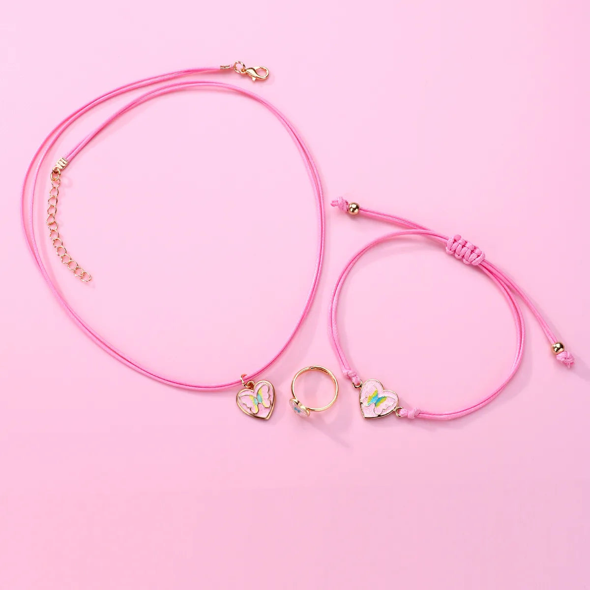 Parure 3 pièces avec Carte - Collier Bracelet Bague - Coeur Papillon - Pastels - Mignon Doré