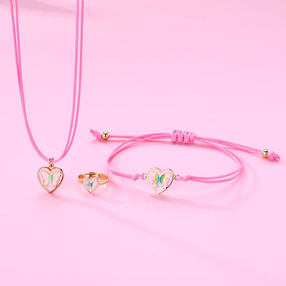 Parure 3 pièces avec Carte - Collier Bracelet Bague - Coeur Papillon - Pastels - Mignon Doré