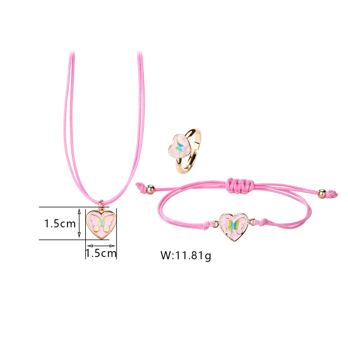 Parure 3 pièces avec Carte - Collier Bracelet Bague - Coeur Papillon - Pastels - Mignon Doré