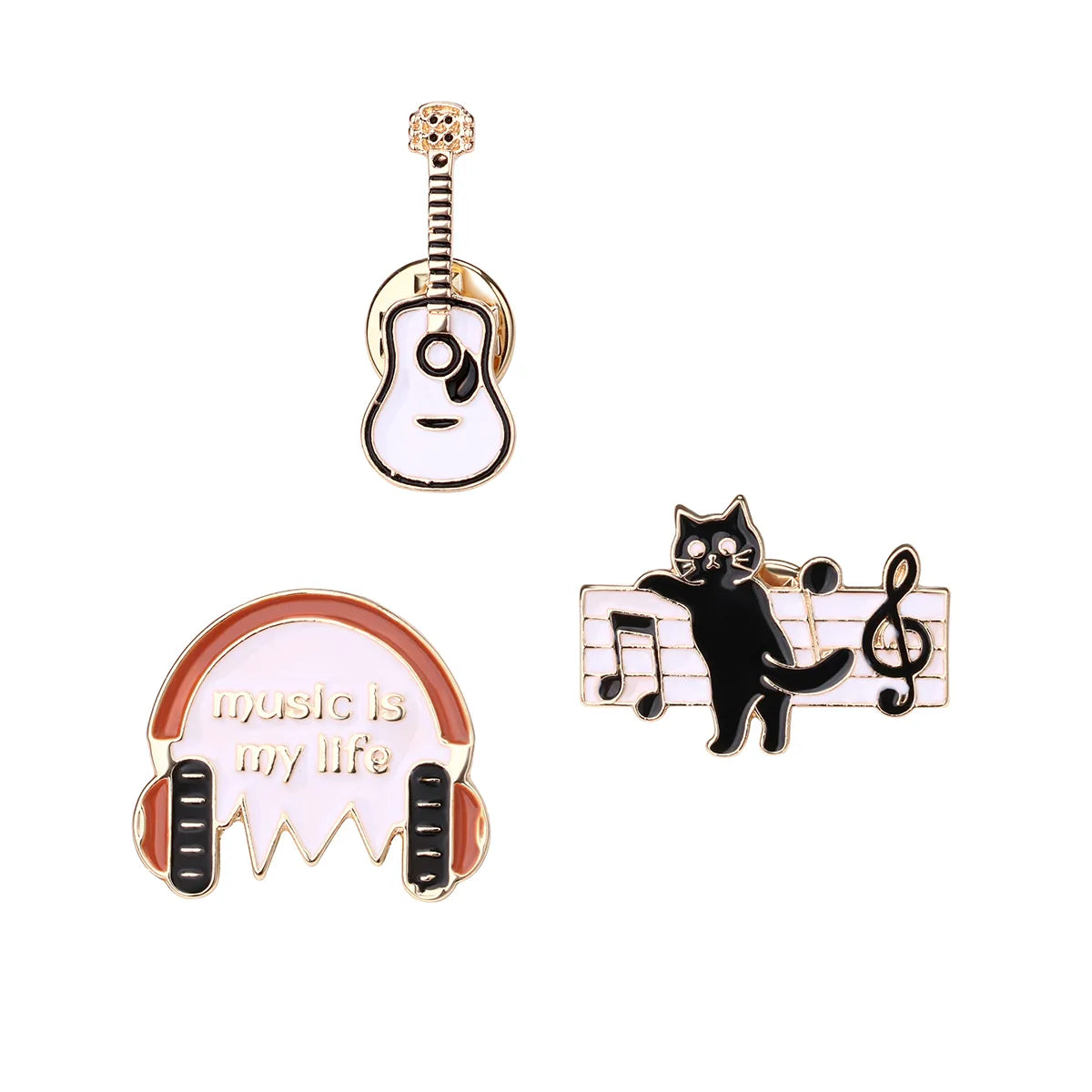 Lot de 3 Pin's Broches avec Carte - Chat Musique Ecouteurs Guitare - Amoureux des Chats - Fantaisie - Alliage Email