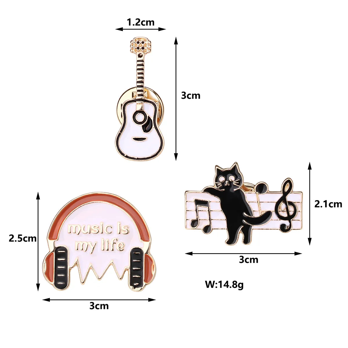 Lot de 3 Pin's Broches avec Carte - Chat Musique Ecouteurs Guitare - Amoureux des Chats - Fantaisie - Alliage Email