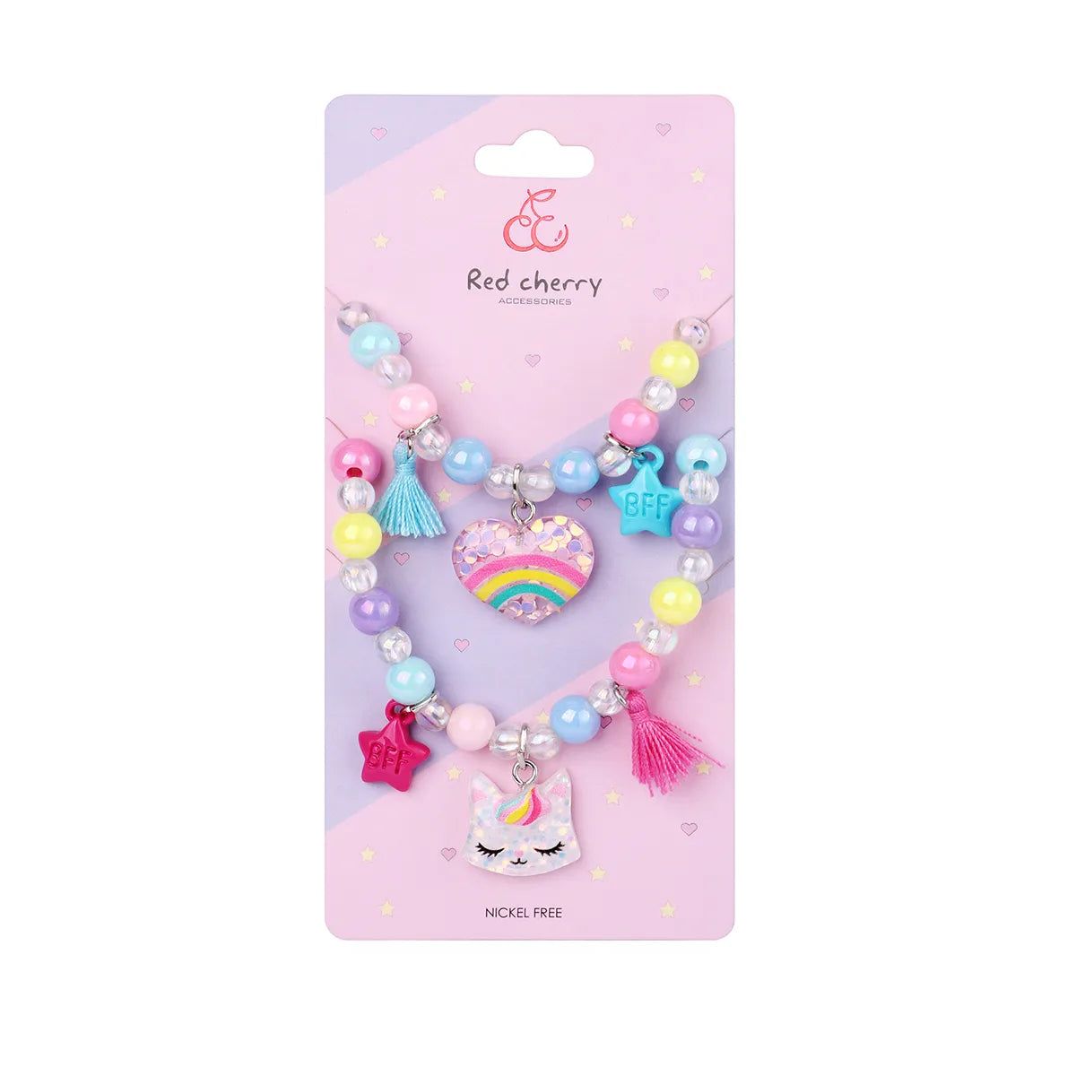 Parure 2 pièces avec Carte - Collier Bracelet - Chat Coeur Arc en Ciel - Multicouleurs - Mignon