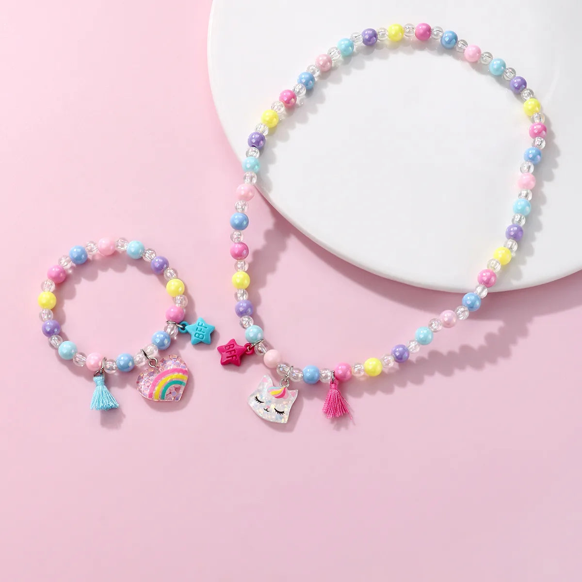 Parure 2 pièces avec Carte - Collier Bracelet - Chat Coeur Arc en Ciel - Multicouleurs - Mignon