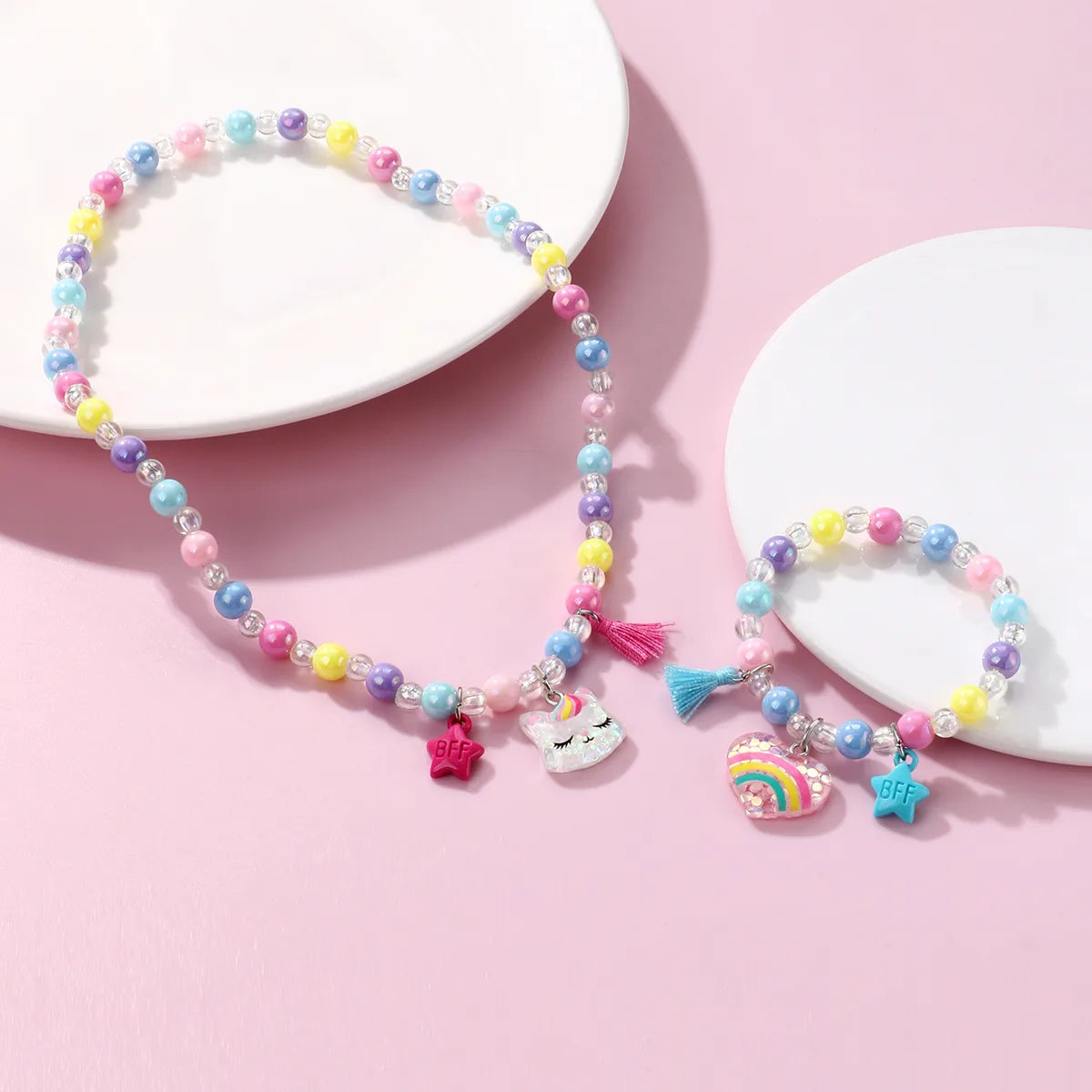 Parure 2 pièces avec Carte - Collier Bracelet - Chat Coeur Arc en Ciel - Multicouleurs - Mignon